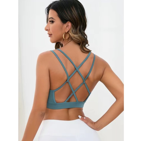 Dusty Blue Double Strap Criss Cross Backless Padded Sports Bra - Picture 4 of 14